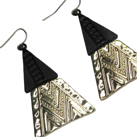 1980s Vintage Funky Gold & Black Tribal Aztec Geometric Triangle Earrings - Picture 2 of 3